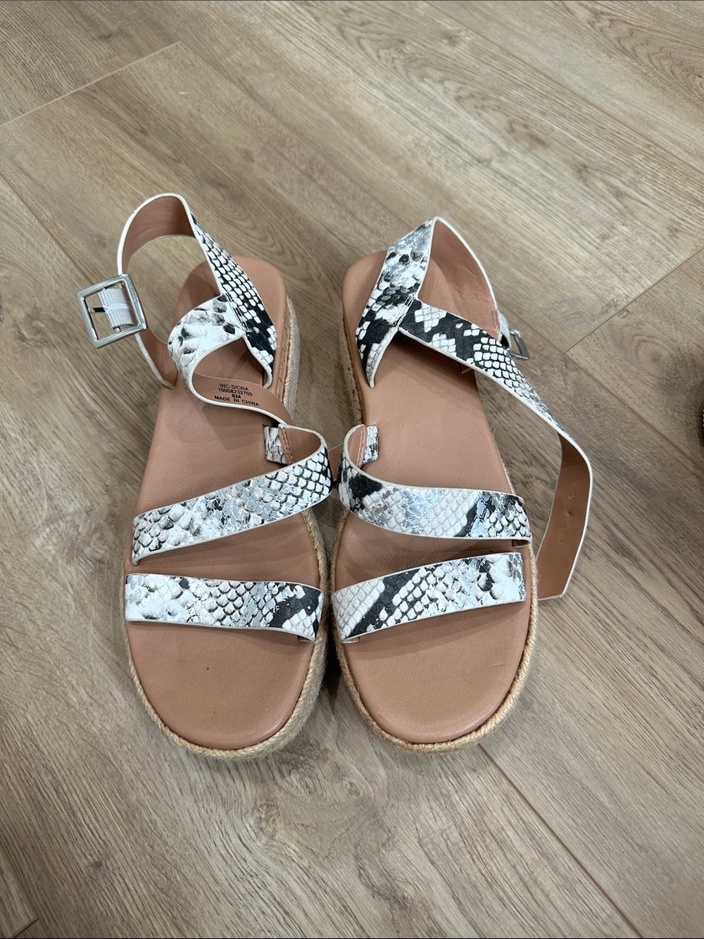 INC International Concepts White and Black Snake-Print Strappy Sandals
